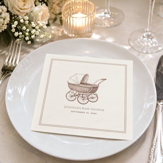 Vintage brun sepia barnvagnspresent baby shower pappersservett (Skapare uppladdad)