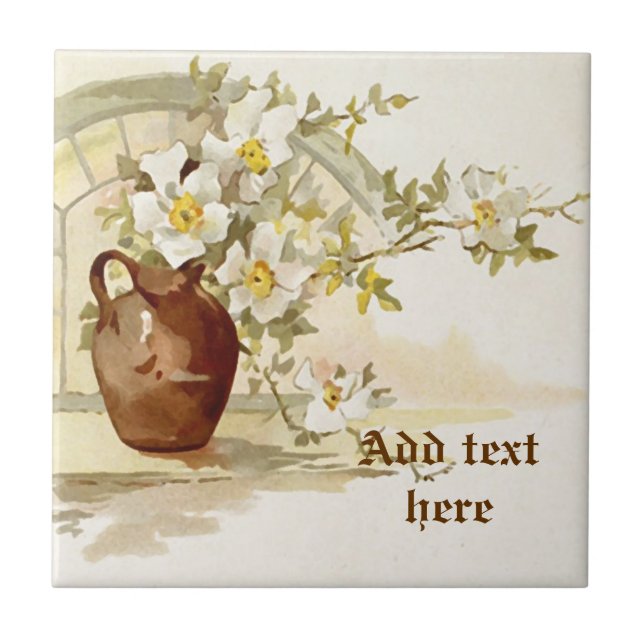 Vintage brun vas med vit ros vattenfärg kakelplatta (Framsidan)