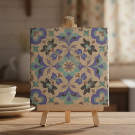Vintage Brunt Beige Teal Purpur Blommig Kakelplatta