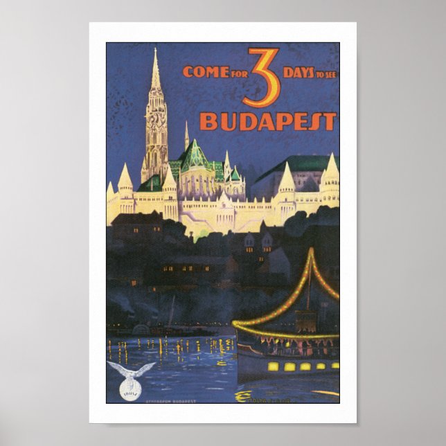 Vintage Budapest Hungary Travel Poster Print (Framsidan)