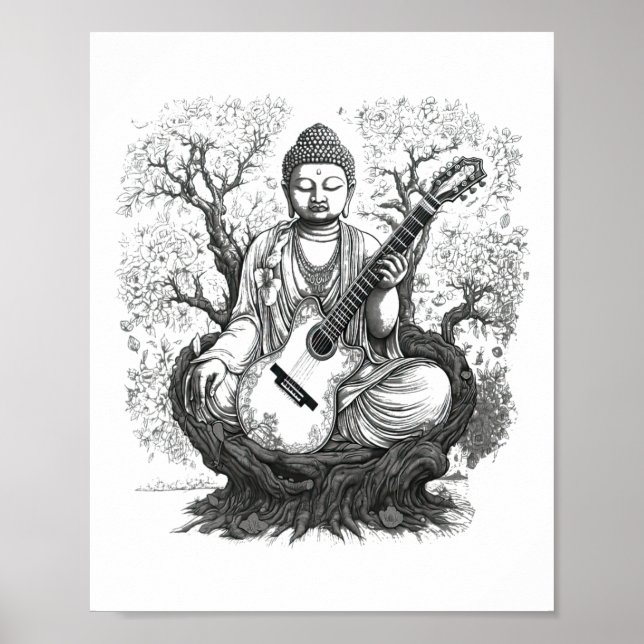 Vintage Buddha spelar gitarr Yoga Buddhist meditat Poster (Framsidan)