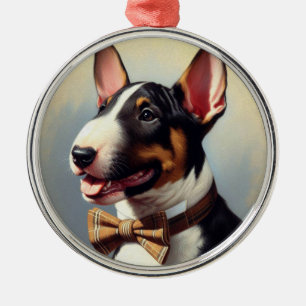Vintage Bull Terrier Painting Porträtt Julgransprydnad Metall