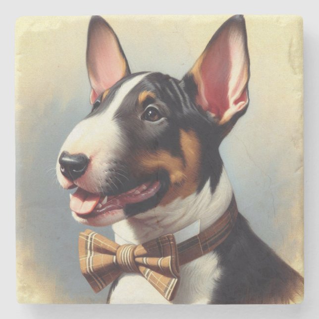 Vintage Bull Terrier Painting Porträtt Stenunderlägg (Framsidan)