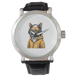 Vintage Bulldog i hörlurar med hoodie musik Armbandsur