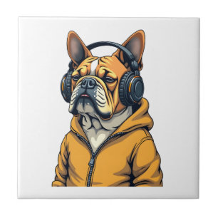 Vintage Bulldog i hörlurar som bär hoodie musik Kakelplatta