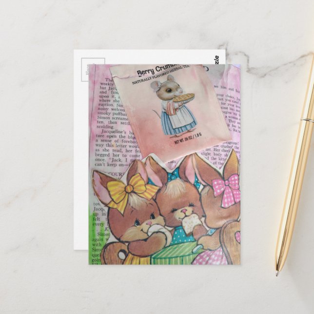 Vintage Bunnies and Mouse Collage Vykort (Fram/Back In Situ)