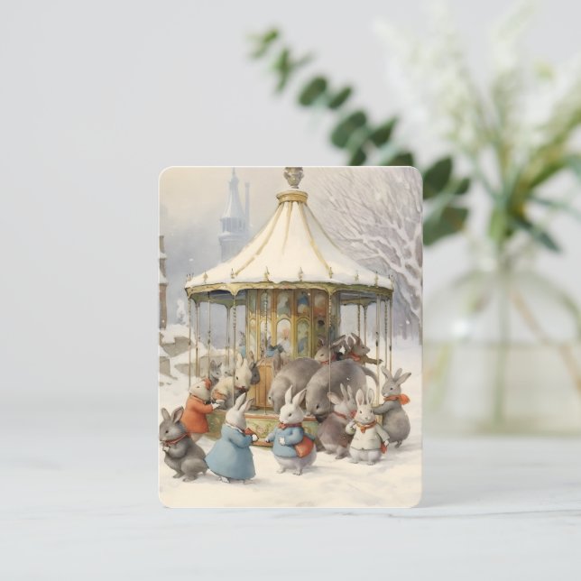 vintage bunnies carousel christmas julkort (Stående Fram)