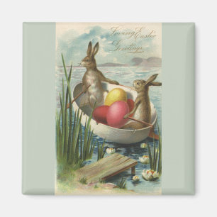 Vintage Bunnies i Boat, Loving Påsk Hälsning Magnet