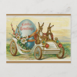 Vintage Bunnies i en bil med Påskägg Vykort