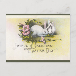 Vintage Bunnies med Rosa Flowers Påsk Vykort