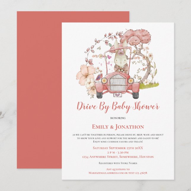 Vintage Bunny Blommigt  Drive by Baby Shower Inbjudningar (Fram/baksida)