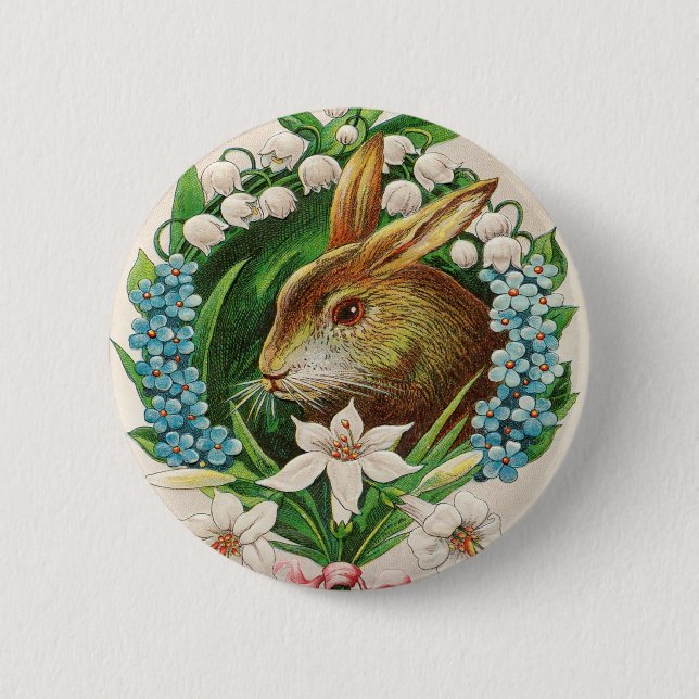 Vintage Bunny Blommigt Utandning Påsk Hälsning Knapp (Framsida)