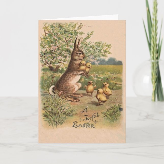 Vintage Bunny & Chicks Påskkort Helgkort (Framsida)