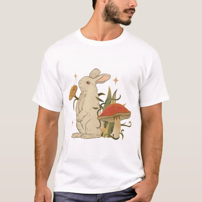 Vintage Bunny & Mushroom Artwork T-Shirt (Framsida)