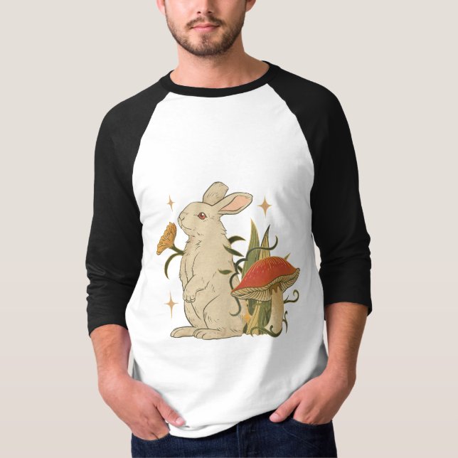 Vintage Bunny & Mushroom Artwork T-Shirt (Framsida)