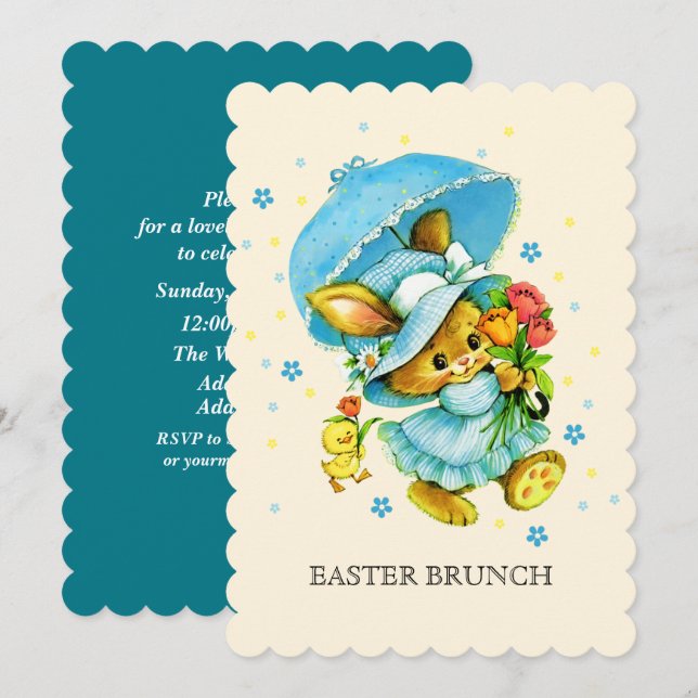 Vintage Bunny och Chick Påsk Brunch Inbjudningar (Fram/baksida)