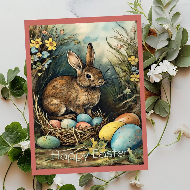 Vintage Bunny Påskägg Skog Julkort (Skapare uppladdad)