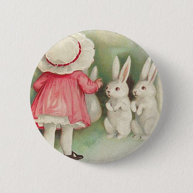 Vintage Bunny Rabbits Påsk Hälsning Knapp (Framsida)