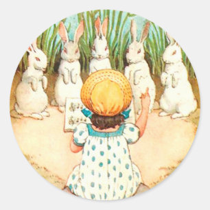 Vintage Bunny Singing med Child Påsk Hälsning Runt Klistermärke