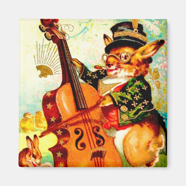 Vintage Bunny Spela med Violin Påsk Hälsning Magnet (Framsidan)