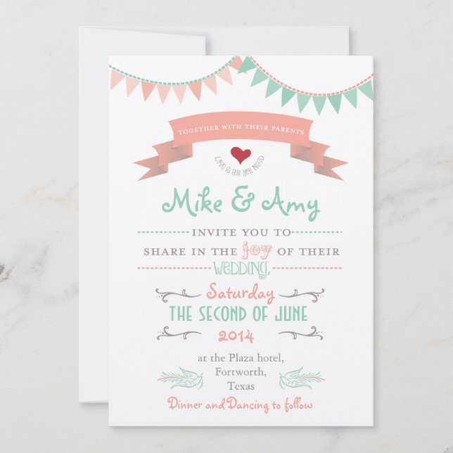 Vintage Bunting Whimsical Wedding bjudande Inbjudningar (Framsida)