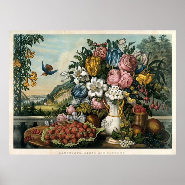 Vintage Burbär och frukt- och blomsterbädd Poster (Framsidan)