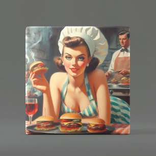 Vintage Burger BBQ Woman Kakelplatta