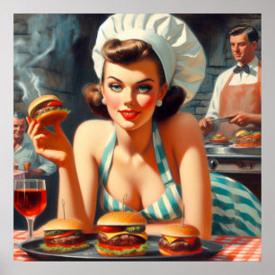 Vintage Burger BBQ Woman Poster