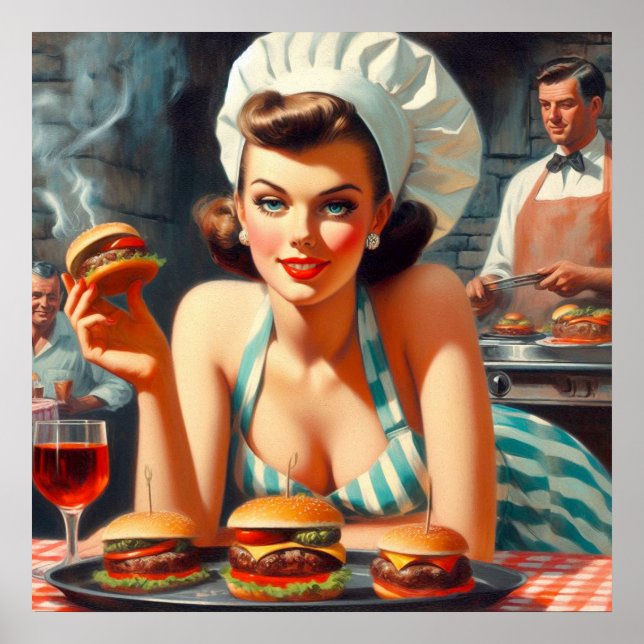 Vintage Burger BBQ Woman Poster (Framsidan)