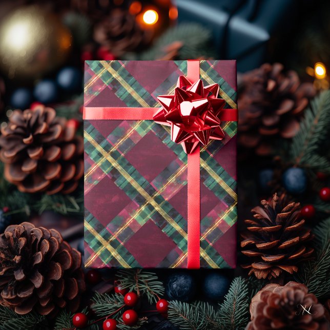 Vintage burgunder och grön rutig – rustik julstämn presentpapper (Skapare uppladdad)