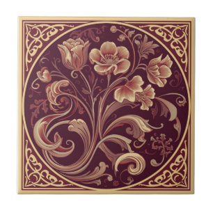 Vintage burgunder och guld Art Nouveau Blommig Kakelplatta