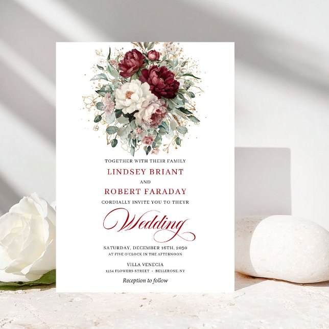 Vintage Burgunder Röd Blommig Bröllopsinbjudan Inbjudningar (Vintage Burgundy White Floral Wedding Invitation)