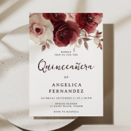 Vintage Burgunderrosor Quinceanera 15-årsdag Inbjudningar