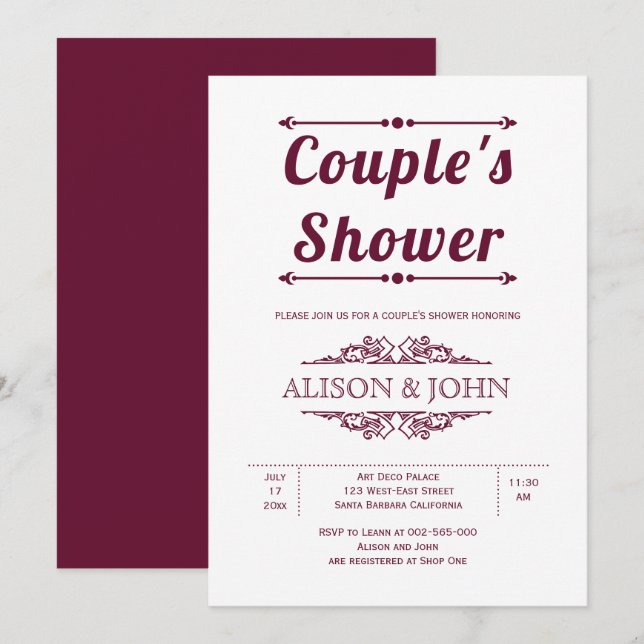 Vintage burgundtypografi par dusch inbjudningar (Fram/baksida)