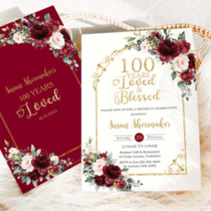 Vintage  Burgundy-Blommigt 100-dagars uppkomst Inbjudningar