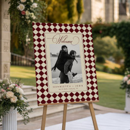 Vintage Burgundy Check Photo Wedding Welcome Sign