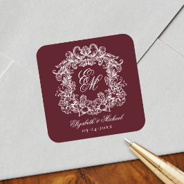 Vintage Burgundy Elegant Bröllopsmonogram Krest Fyrkantigt Klistermärke