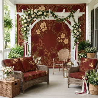 Vintage Burgundy Elfenbensfärgade Blommig Art Nouv Tyg
