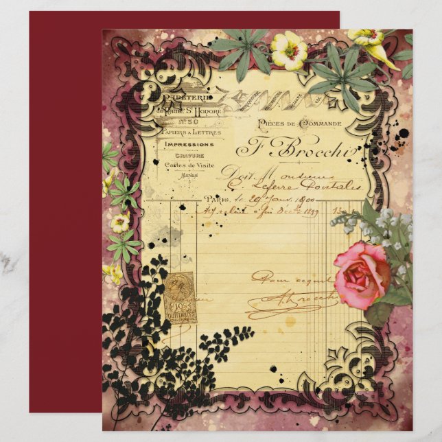 Vintage Burgundy Ephemera Ramar Scrapbook Papper (Fram/baksida)