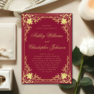 Vintage Burgundy Falskt Guld Elegant Utsmyckad Brö Inbjudningar