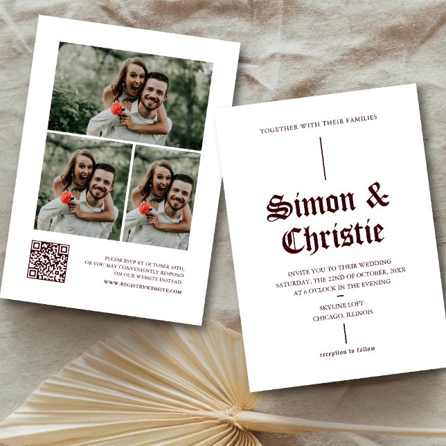 Vintage Burgundy Fotocollage QR-kod Bröllop Inbjudningar (Vintage burgundy photo collage QR code invitation blends memories with seamless wedding details.)