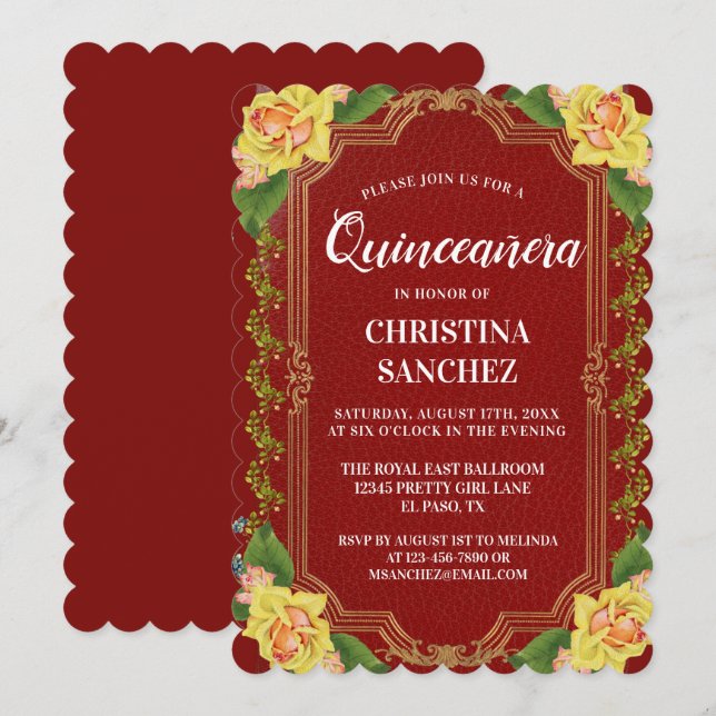 Vintage Burgundy Gul ros Quinceanera Birthday Inbjudningar (Fram/baksida)