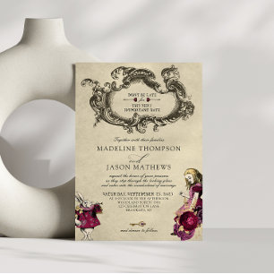 Vintage Burgundy Guld Alice i Wonderland Bröllop Inbjudningar