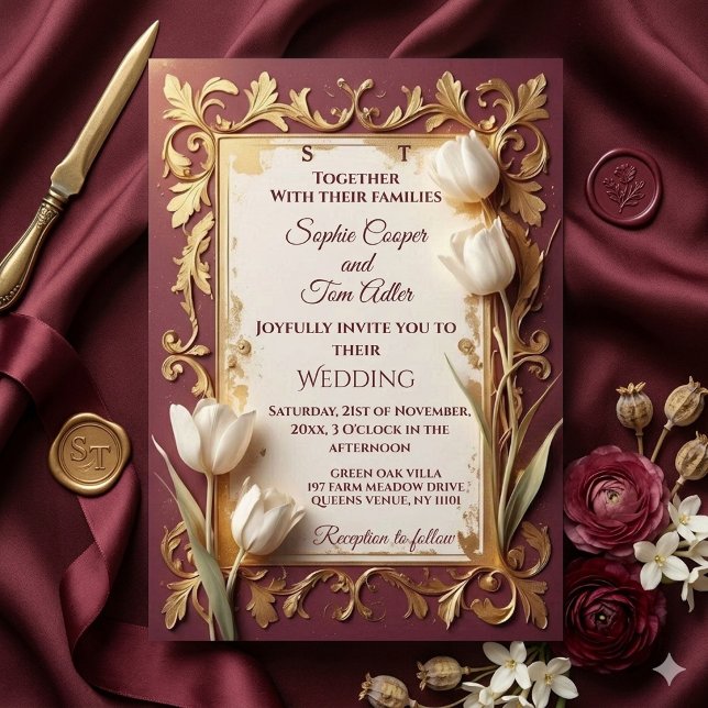 Vintage Burgundy Guld Barock Blommig Elfenbensvit  Inbjudningar (Vintage Burgundy Gold Baroque Floral Ivory Wedding Invitation)