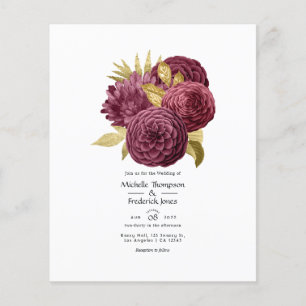 Vintage Burgundy & Guld Blommigt bröllopsinbjudan Flygblad
