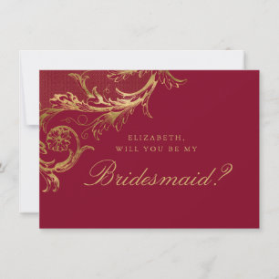 Vintage Burgundy Guld Damask Script Bridesmaid Inbjudningar
