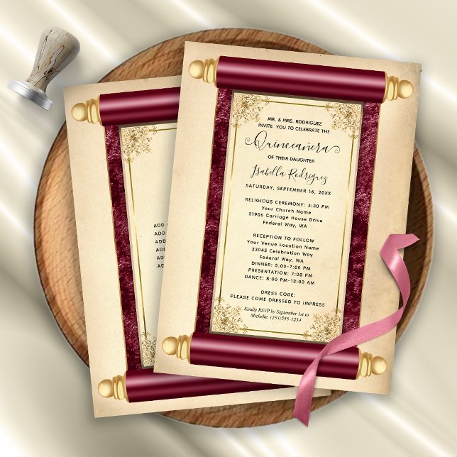 Vintage Burgundy Guld Rulla Elegant Quinceañera Inbjudningar (Vintage Burgundy Gold Scroll Elegant Quinceañera Invitation)