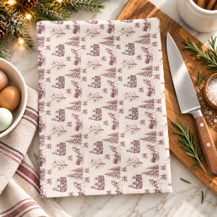 Vintage Burgundy Jul Toile Hästsläd Kökshandduk