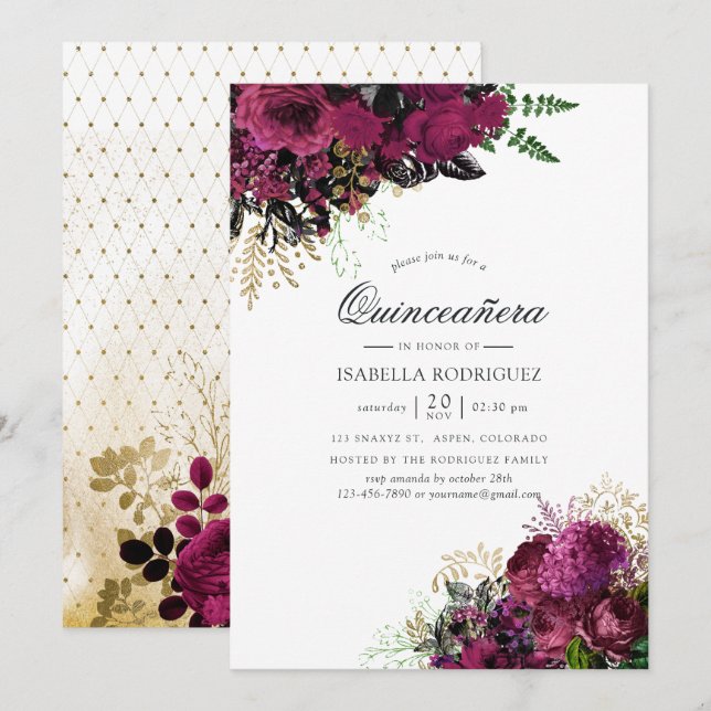 Vintage Burgundy - Marsala och Guld Quinceañera Inbjudningar (Fram/baksida)