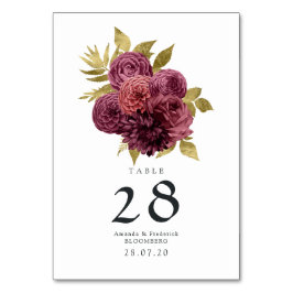 Vintage Burgundy och Guld Blommig Bröllop Bordsnummer